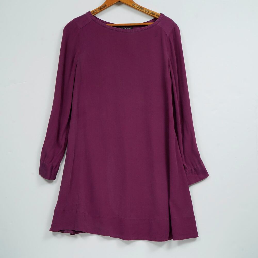 Eileen Fisher 100% Silk Shift Dress Purple Plum Long Sleeve XS